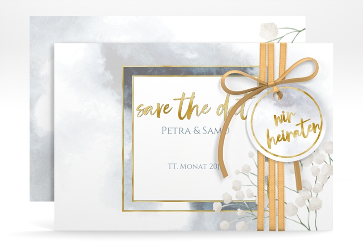 Save the Date-Karte Winter A6 Karte quer blau gold mit Schleierkraut