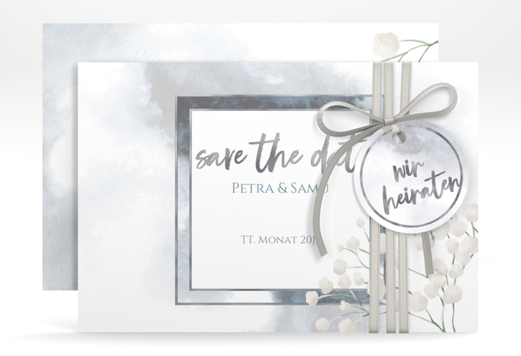 Save the Date-Karte Winter A6 Karte quer blau silber mit Schleierkraut