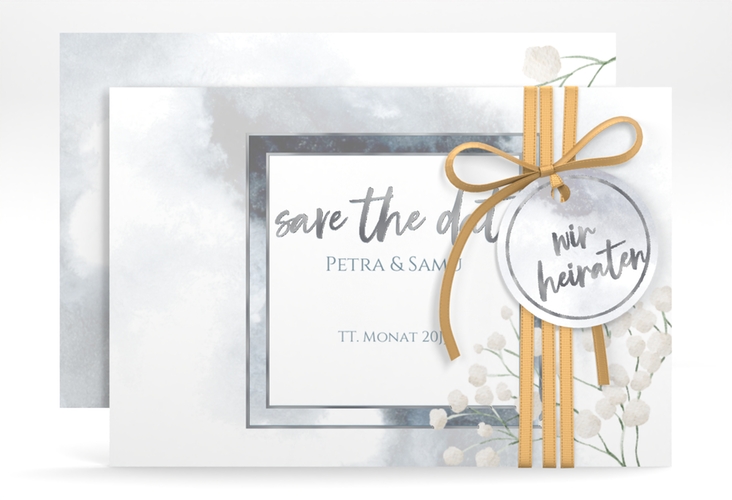 Save the Date-Karte Winter A6 Karte quer blau silber mit Schleierkraut