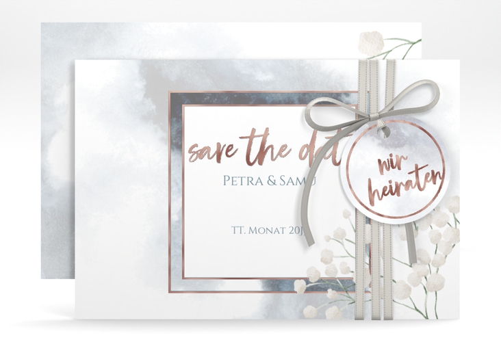 Save the Date-Karte Winter A6 Karte quer blau rosegold mit Schleierkraut