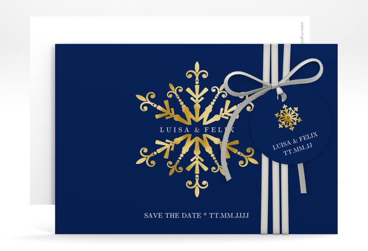 Save the Date-KarteCrystal A6 Karte quer blau gold mit Eiskristall