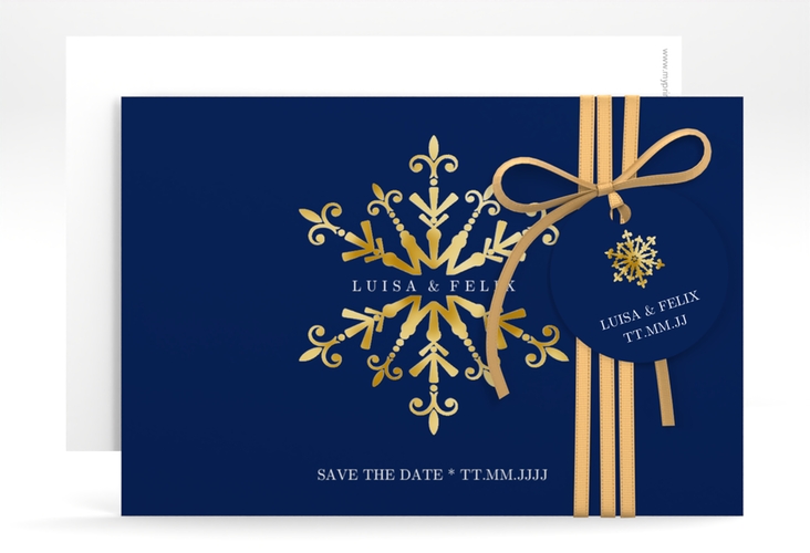 Save the Date-KarteCrystal A6 Karte quer blau gold mit Eiskristall