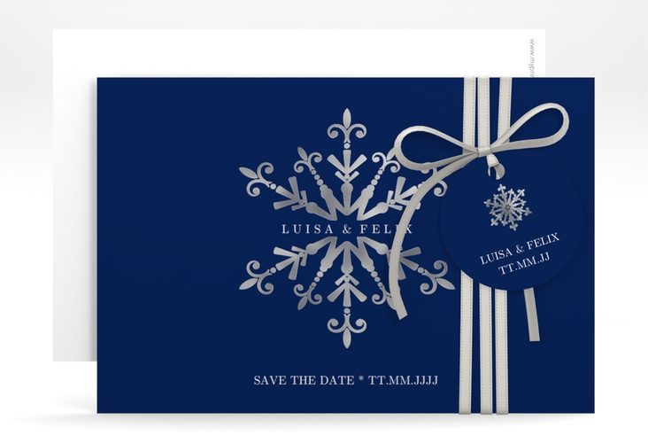 Save the Date-KarteCrystal A6 Karte quer blau silber mit Eiskristall
