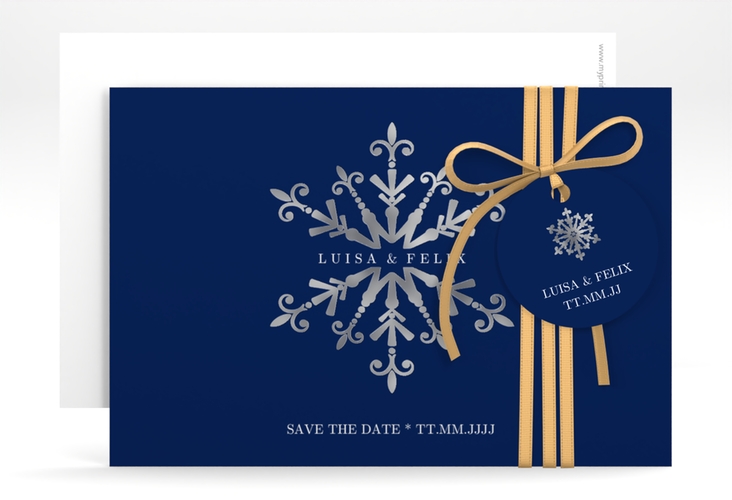 Save the Date-KarteCrystal A6 Karte quer blau silber mit Eiskristall