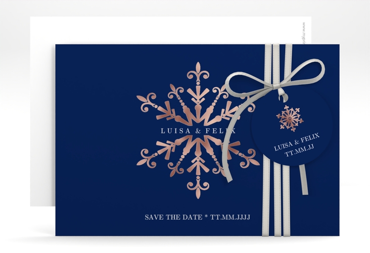 Save the Date-KarteCrystal A6 Karte quer blau rosegold mit Eiskristall