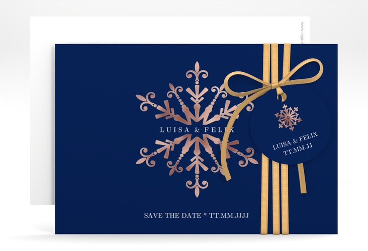Save the Date-KarteCrystal A6 Karte quer blau rosegold mit Eiskristall