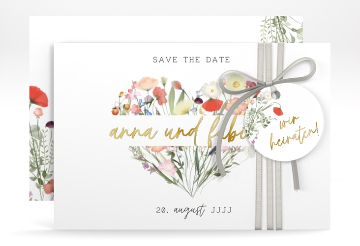 Save the Date-Karte Wildblumenherz A6 Karte quer bunt gold