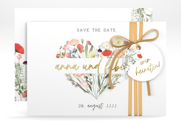 Save the Date-Karte Wildblumenherz A6 Karte quer bunt gold