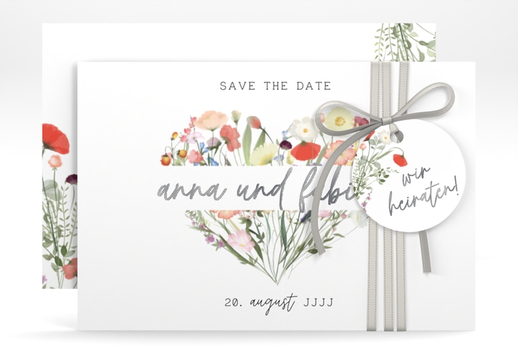 Save the Date-Karte Wildblumenherz A6 Karte quer bunt silber
