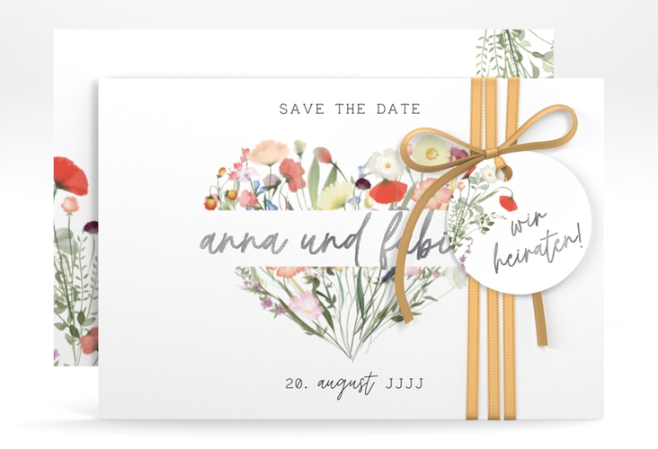 Save the Date-Karte Wildblumenherz A6 Karte quer bunt silber