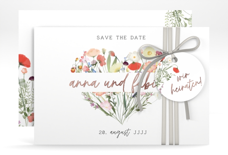 Save the Date-Karte Wildblumenherz A6 Karte quer bunt rosegold