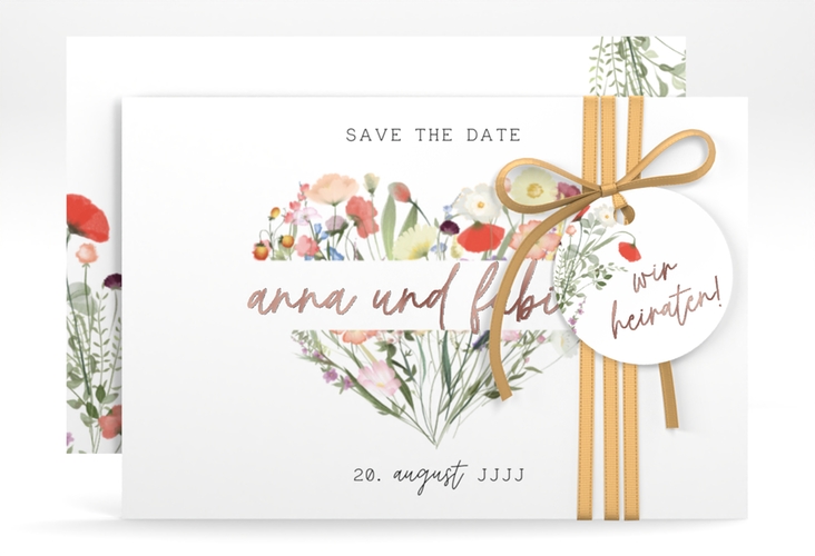 Save the Date-Karte Wildblumenherz A6 Karte quer bunt rosegold