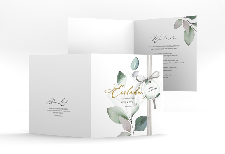 Hochzeitseinladung Foglia quadr. Klappkarte gold edel mit Eukalyptus im Aquarell-Design