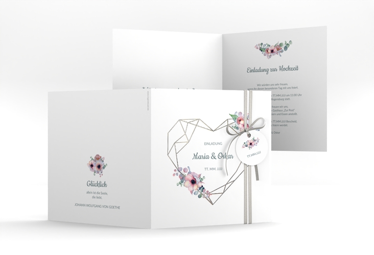 Hochzeitseinladung Herzgold quadr. Klappkarte silber
