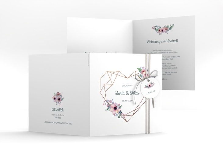 Hochzeitseinladung Herzgold quadr. Klappkarte rosegold