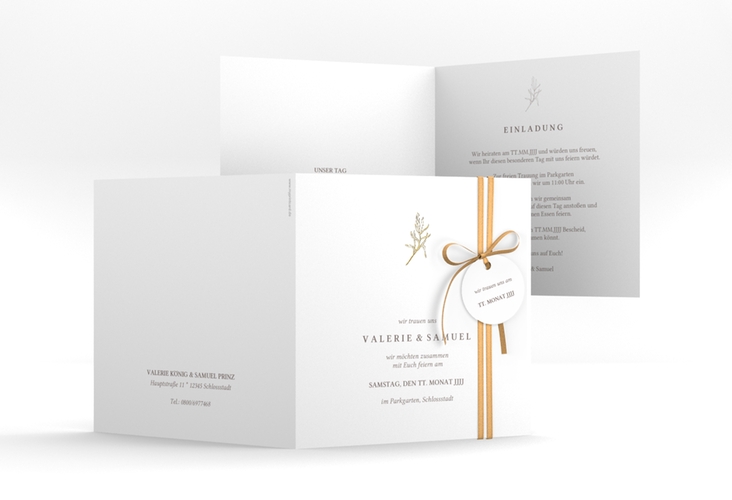 Hochzeitseinladung Ivy quadr. Klappkarte gold minimalistisch mit kleiner botanischer Illustration