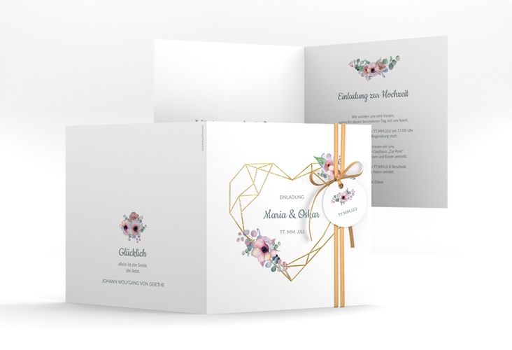 Hochzeitseinladung Herzgold quadr. Klappkarte gold