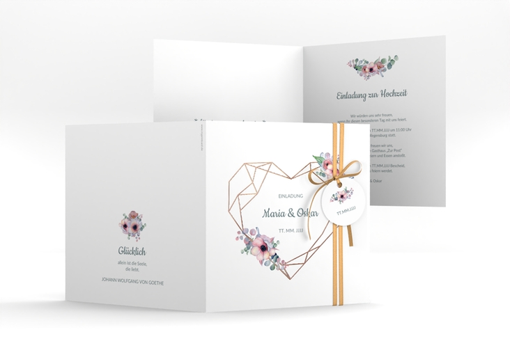 Hochzeitseinladung Herzgold quadr. Klappkarte rosegold