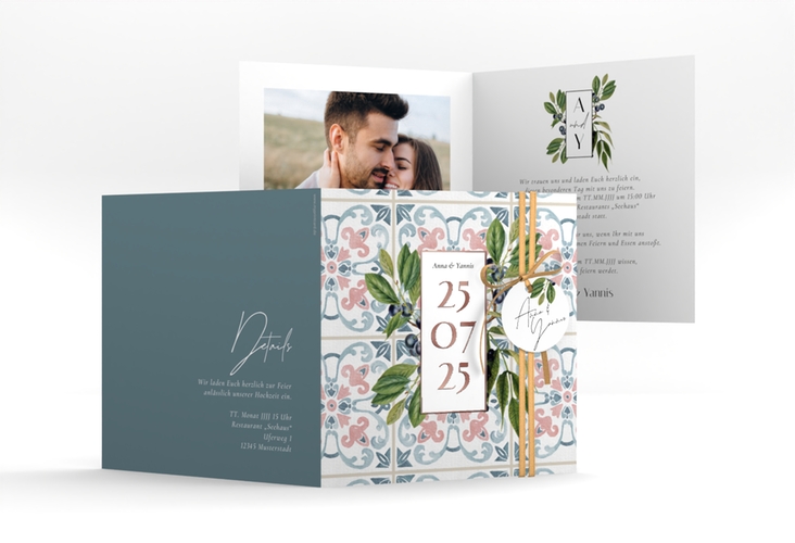 Hochzeitseinladung Mediterraner Flair quadr. Klappkarte rosegold mit Auzlejo-Fliesenmuster und Lorbeer