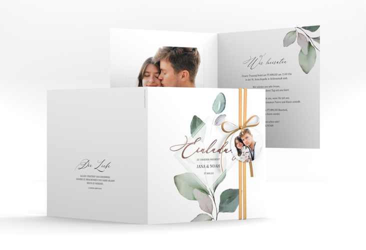 Hochzeitseinladung Foglia quadr. Klappkarte rosegold edel mit Eukalyptus im Aquarell-Design