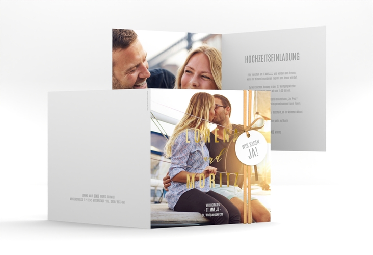 Hochzeitseinladung Memory quadr. Klappkarte gold