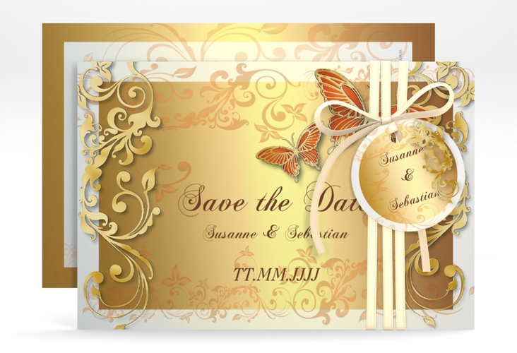 Save the Date-Karte Hochzeit Toulouse A6 Karte quer orange gold romantisch mit Schmetterlingen