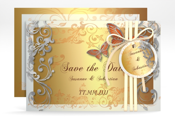 Save the Date-Karte Hochzeit Toulouse A6 Karte quer orange silber romantisch mit Schmetterlingen