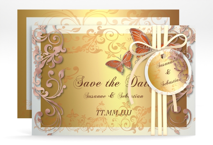 Save the Date-Karte Hochzeit Toulouse A6 Karte quer orange rosegold romantisch mit Schmetterlingen