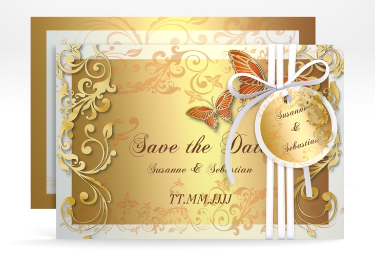Save the Date-Karte Hochzeit Toulouse A6 Karte quer orange gold romantisch mit Schmetterlingen