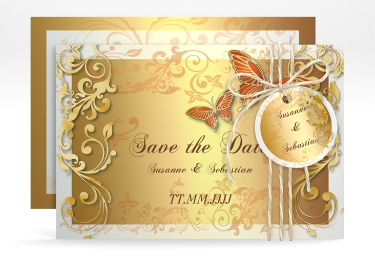 Save the Date-Karte Hochzeit Toulouse A6 Karte quer orange gold romantisch mit Schmetterlingen