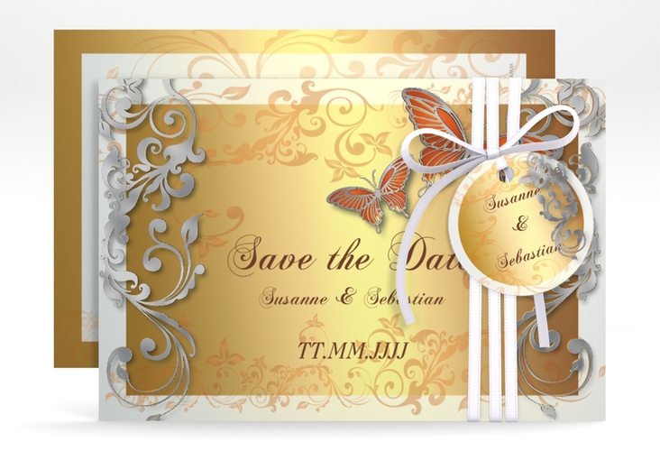 Save the Date-Karte Hochzeit Toulouse A6 Karte quer orange silber romantisch mit Schmetterlingen