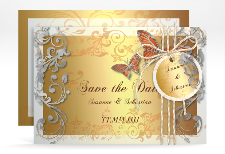 Save the Date-Karte Hochzeit Toulouse A6 Karte quer orange silber romantisch mit Schmetterlingen