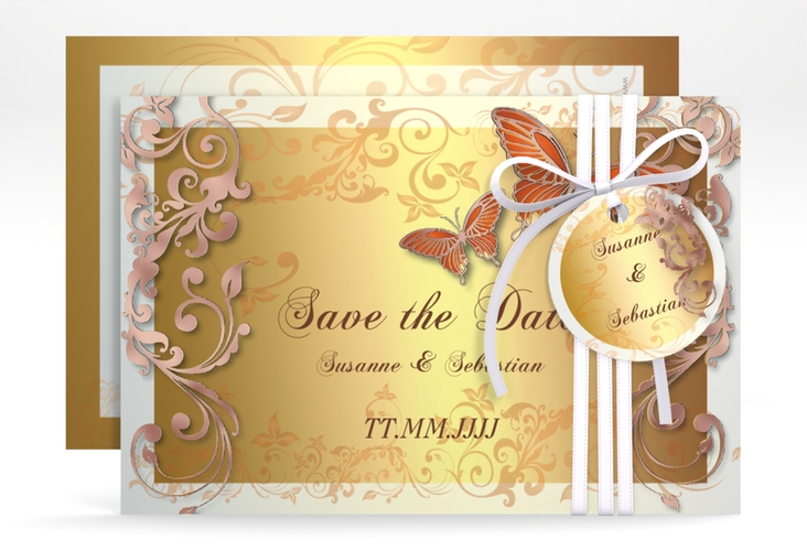 Save the Date-Karte Hochzeit Toulouse A6 Karte quer orange rosegold romantisch mit Schmetterlingen