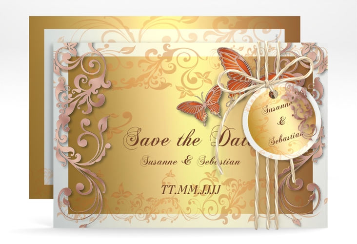 Save the Date-Karte Hochzeit Toulouse A6 Karte quer orange rosegold romantisch mit Schmetterlingen