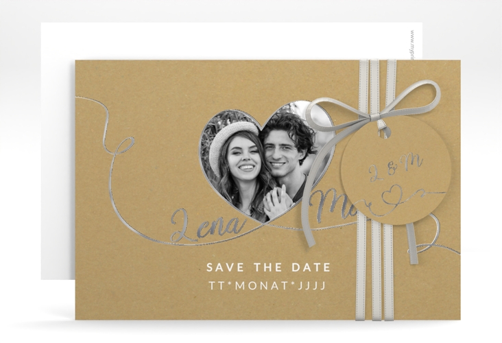 Save the Date-Karte Herzensbund A6 Karte quer weiss silber