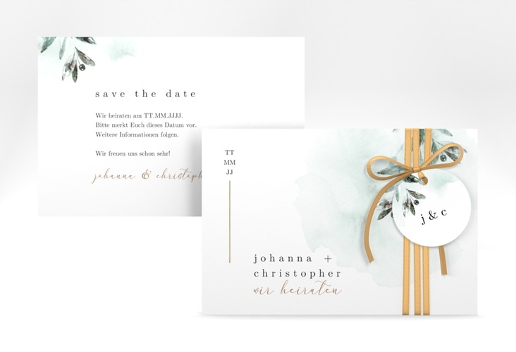 Save the Date-Karte Mediterran A6 Karte quer gruen gold mit Lorbeerzweig in Aquarell
