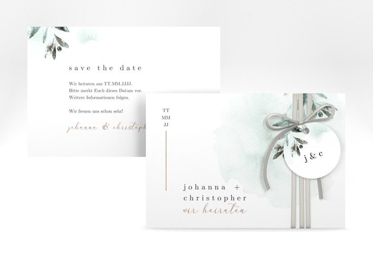 Save the Date-Karte Mediterran A6 Karte quer gruen gold mit Lorbeerzweig in Aquarell