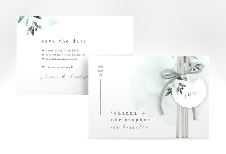 Save the Date-Karte Mediterran A6 Karte quer gruen silber mit Lorbeerzweig in Aquarell