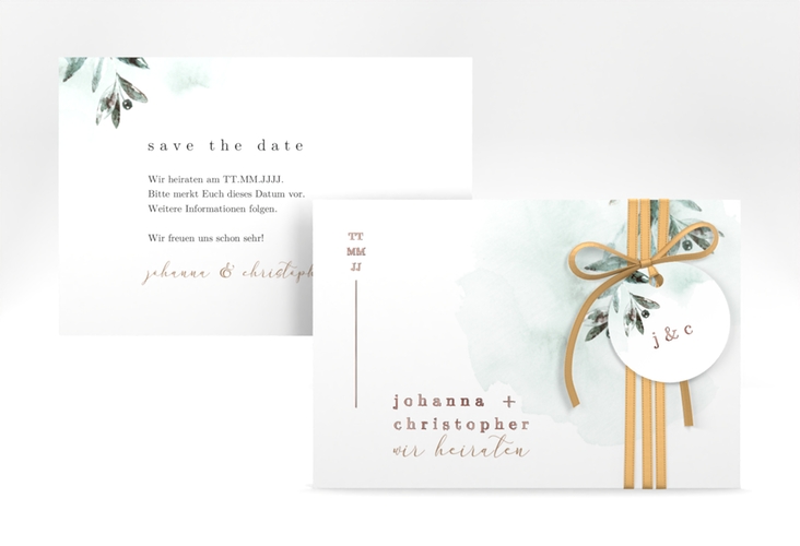 Save the Date-Karte Mediterran A6 Karte quer gruen rosegold mit Lorbeerzweig in Aquarell