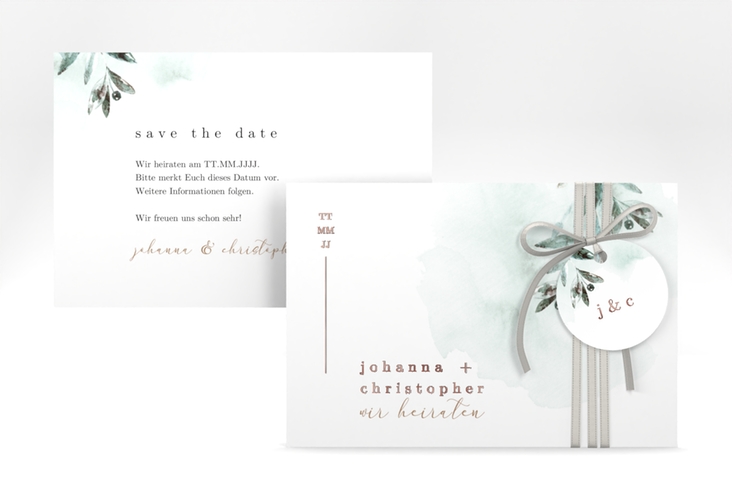 Save the Date-Karte Mediterran A6 Karte quer gruen rosegold mit Lorbeerzweig in Aquarell