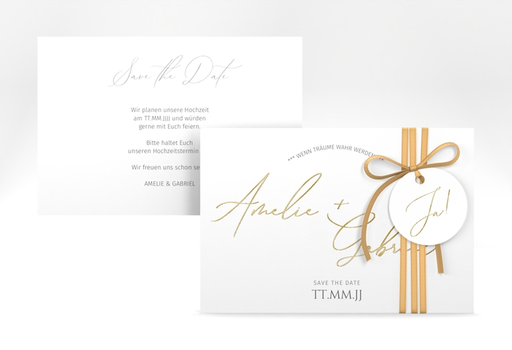 Save the Date-Karte Federschrift A6 Karte quer weiss gold in schlichtem Design mit Kalligrafie