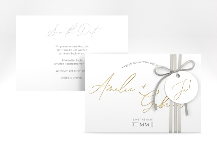 Save the Date-Karte Federschrift A6 Karte quer weiss gold in schlichtem Design mit Kalligrafie