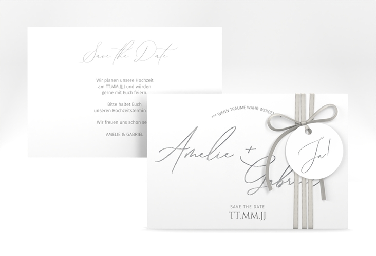Save the Date-Karte Federschrift A6 Karte quer weiss silber in schlichtem Design mit Kalligrafie