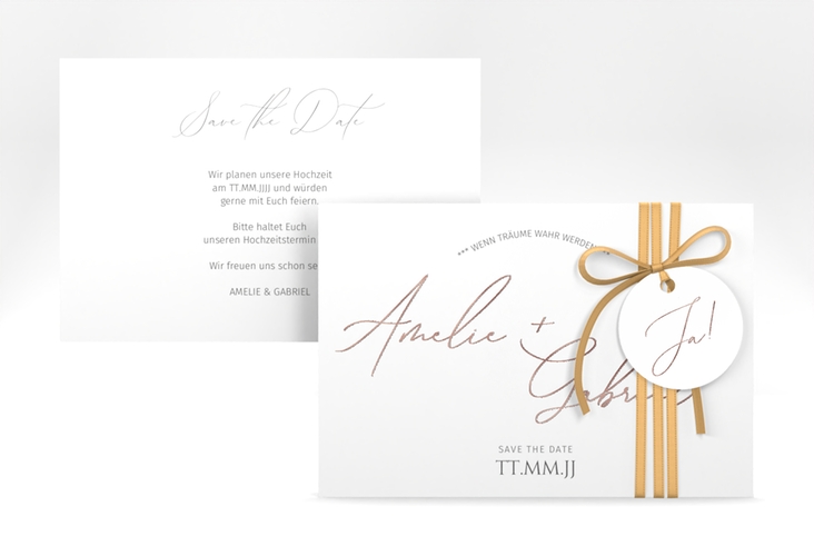 Save the Date-Karte Federschrift A6 Karte quer weiss rosegold in schlichtem Design mit Kalligrafie