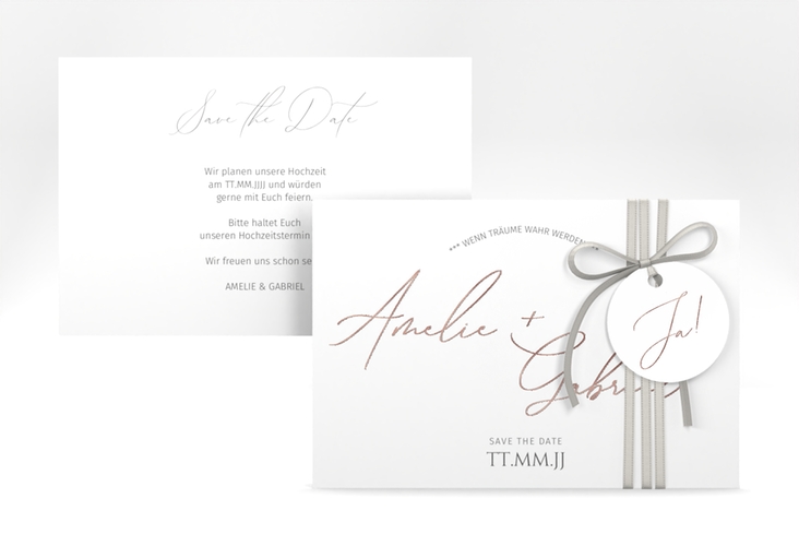 Save the Date-Karte Federschrift A6 Karte quer weiss rosegold in schlichtem Design mit Kalligrafie