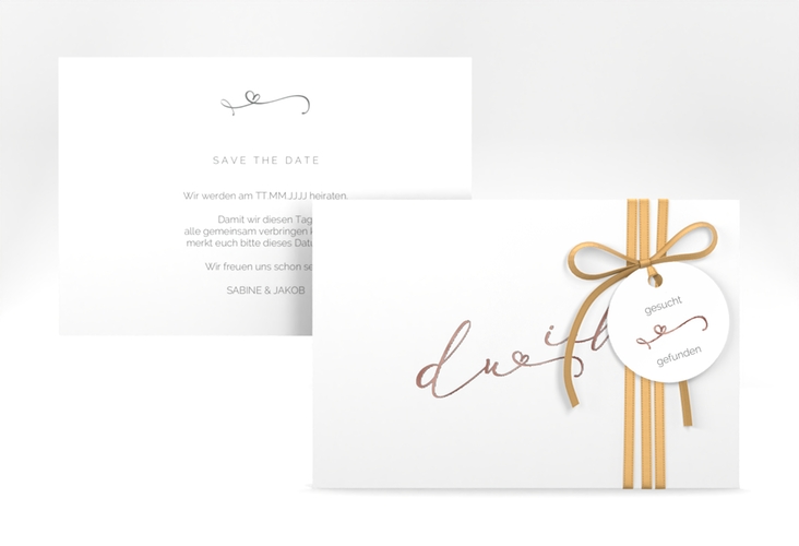 Save the Date-Karte Zweisamkeit A6 Karte quer weiss rosegold im minimalistischen Stil mit Aufschrift du & ich