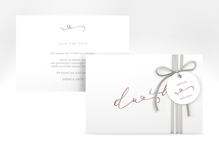 Save the Date-Karte Zweisamkeit A6 Karte quer weiss rosegold im minimalistischen Stil mit Aufschrift du & ich