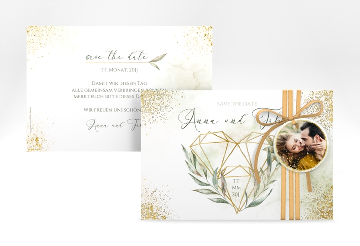 Save the Date-Karte Heartfelt A6 Karte quer weiss gold mit Diamanten im Geometric Design