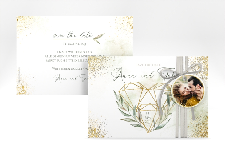 Save the Date-Karte Heartfelt A6 Karte quer weiss gold mit Diamanten im Geometric Design