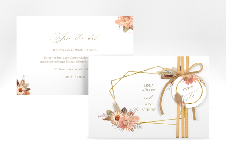 Save the Date-Karte Strohblume A6 Karte quer weiss gold
